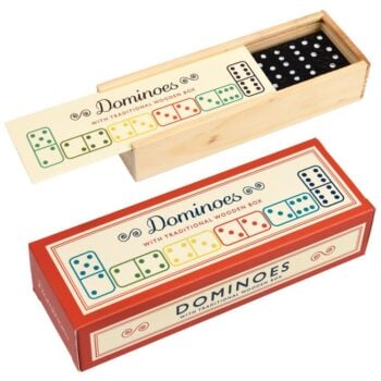 Drewniane domino w stylu vintage z kolorowymi kropkami w pudełku dla dzieci i dorosłych. Rex London Domino w stylu vintage