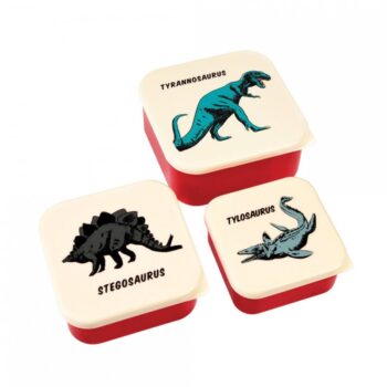 Zestaw trzech czerwonych pojemników na przekąski z pokrywkami w kremowym kolorze z nadrukiem dinozaurów dla dzieci. Rex London Pojemniki na przekąski Dinozaury 3szt