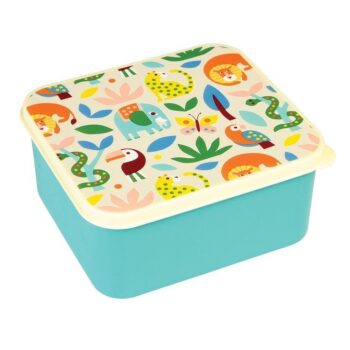 Niebieska śniadaniówka z pokrywką w kolorowe dzikie zwierzęta dla dziecka. Rex London Lunchbox Dzikie Zwierzęta