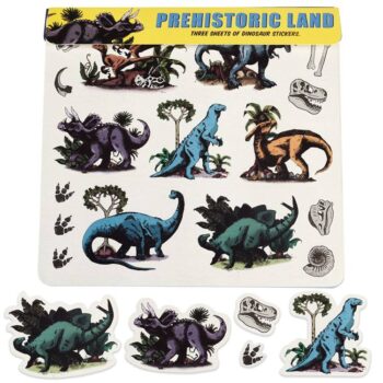 Arkusz naklejek z kolorowymi dinozaurami i prehistorycznymi motywami dla dzieci. Rex London Naklejki dla dzieci 3 arkusze Dinozaury