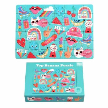 Puzzle kieszonkowe 48 elementów z kolorowymi rysunkami ust, kotów, tęczy i owoców na niebieskim tle dla dzieci. Rex London Mini Puzzle 48 elementów Top Banana