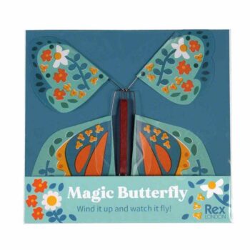 Zabawka motyl z niebieskimi i pomarańczowymi skrzydłami z kwiatowym wzorem dla dzieci. Rex London Zabawka Magiczny Motyl niebieski