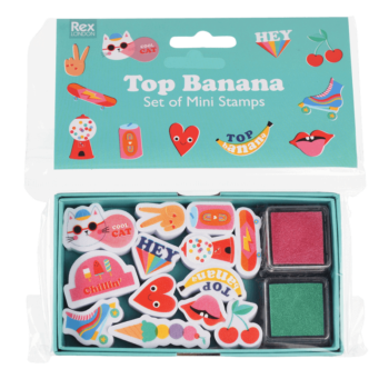 Zestaw 13 kolorowych mini stempli dla dzieci z różnymi wzorami i poduszkami do odbijania w kolorze czerwonym i zielonym. Rex London Stempelki dla dzieci 13szt. Top Banana 3+