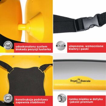 Żółte lusterko samochodowe dla dziecka z regulowanym mocowaniem i paskami stabilizującymi. Royal Rascals Lusterko do samochodu dla dziecka żółte
