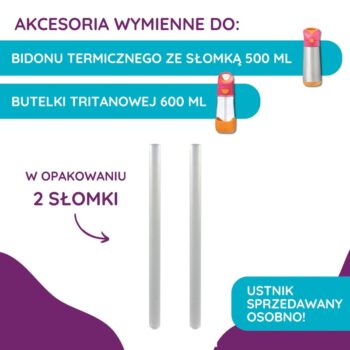 Dwie białe wymienne słomki do bidonu termicznego 500 ml i butelki tritanowej 600 ml dla dzieci. b.box Zestaw słomek do bidonu termicznego 500 ml i butelki tritanowej 600 ml 2szt