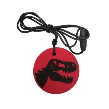 Czerwony wisiorek z czarnym wzorem dinozaura na czarnym sznurku dla dziewczynki. Jellystone Designs Wisiorek antystresowy Dinozaur czerwony