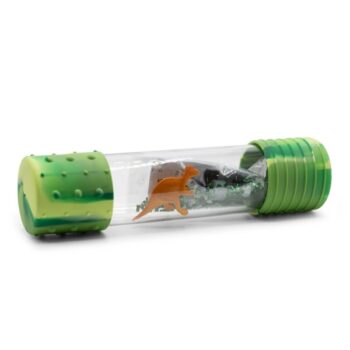 Butelka sensoryczna z dinozaurem dla dziecka zielona z przezroczystym środkiem i zabawką w środku. Jellystone Designs Butelka sensoryczna DIY Dinozaur