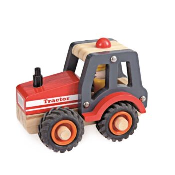 Drewniany czerwony traktor zabawka z czarnymi kołami dla dzieci. Egmont Toys Drewniany traktor ciągnik