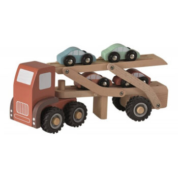 Drewniana ciężarówka transportowa z czterema małymi samochodzikami dla dzieci. Egmont Toys Drewniana ciężarówka transportowa