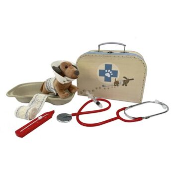 Zestaw małego weterynarza z pluszowym psem bandażami stetoskopem i termometrem dla dziecka. Egmont Toys Walizka małego weterynarza
