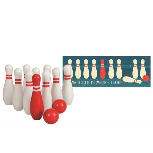 Drewniane kręgle do zabawy dla dzieci 9 białych i czerwonych pionów oraz 3 czerwone kule do gry zręcznościowej. Egmont Toys Gra drewniana Kręgle do zabawy dla dzieci