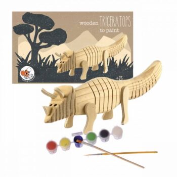 Drewniana figurka dinozaura triceratopsa do samodzielnego malowania z farbami i pędzlami dla dzieci powyżej 3 lat. Egmont Toys Drewniany Triceratops do pomalowania