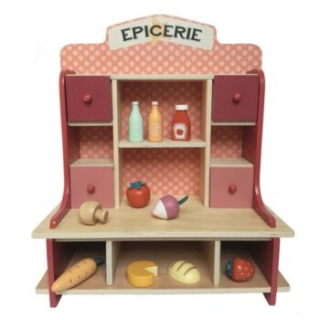 Drewniany mały sklep spożywczy do zabawy z półkami i mini produktami dla dzieci. Egmont Toys Drewniany mały sklep spożywczy do zabawy
