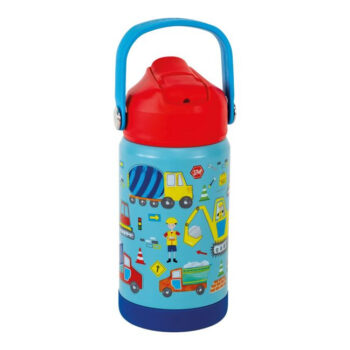 Butelka dziecięca 400 ml niebieska z czerwonym korkiem z motywem pojazdów budowlanych dla dziecka. Floss&Rock Na Budowie Butelka 400 ml