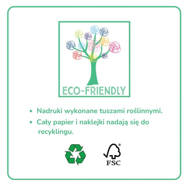 Symbol drzewa z kolorowymi kulkami oznaczenie ekologiczne informacje o tuszach roślinnych i papierze nadającym się do recyklingu. Floss&Rock Baletnice Pachnący Sekretny Pamiętnik