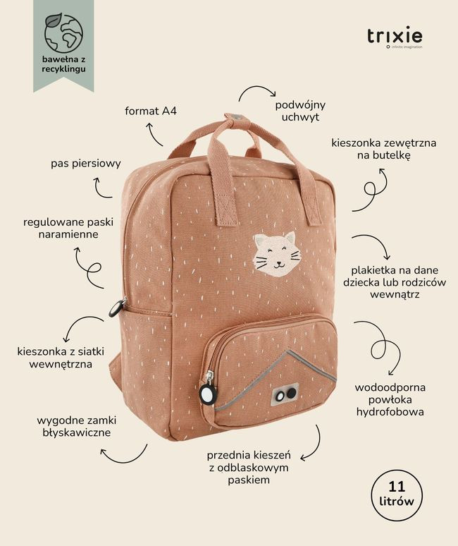 Duży różowy plecak dziecięcy z motywem kota z kieszeniami i regulowanymi paskami na ramię dla dziecka. Trixie Baby Kot Plecak Duży