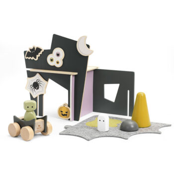 Drewniany domek z magnesami w kształcie strasznego dworu z elementami halloween dla dzieci. MICKI Drewniany Straszny Dwór z magnesami zestaw domek