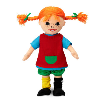 Miękka szmaciana lalka dziewczynka z rudymi warkoczami ubrana w czerwoną sukienkę i kolorowe skarpetki 40 cm. Pippi Miękka lalka Langstrumpf 40 cm przytulanka