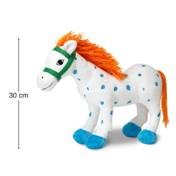Pluszowy koń biały w niebieskie kropki z pomarańczową grzywą i ogonem dla dziecka 30 cm. Pippi Maskotka koń Langstrumpf Alfonso 30 cm przytulanka