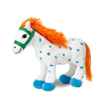 Biały pluszak koń w niebieskie kropki z pomarańczową grzywą i ogonem dla dziecka. Pippi Maskotka koń Langstrumpf Alfonso 22 cm przytulanka
