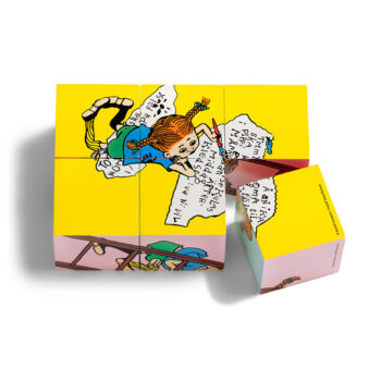 Drewniane klocki puzzle 2w1 z postacią dziewczynki na żółtym tle dla dzieci. Pippi Drewniane klocki puzzle 2w1 Langstrumpf