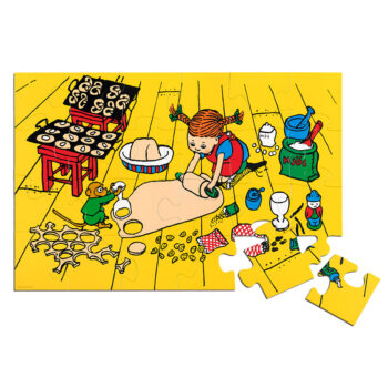 Puzzle kartonowe 24 elementy z ilustracją dziewczynki z warkoczami i zwierzątkiem na żółtym tle dla dzieci. Pippi Ogromne puzzle z kartonu Langstrumpf 24 szt dzieci