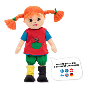 Miękka szmaciana lalka mówiąca Pippi o rudych warkoczach ubrana w kolorowe ubrania 40 cm dla dziecka. Pippi Miękka lalka mówiąca Langstrumpf 40 cm przytulanka