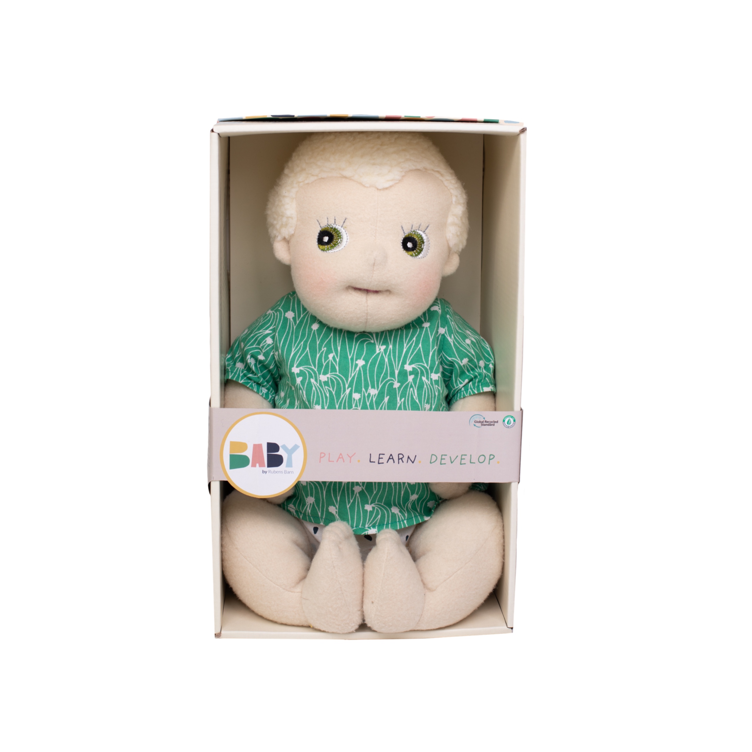 Anatomiczna szmaciana lalka sensoryczna w zielonej sukience dla niemowlaka. Rubens Barn Anatomiczna lalka sensoryczna Carl Baby