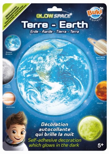 Naklejka dekoracyjna świecąca w ciemnościach przedstawiająca planetę Ziemię na tle kosmosu dla dzieci. Buki Planeta świecąca w ciemnościach ZIEMIA