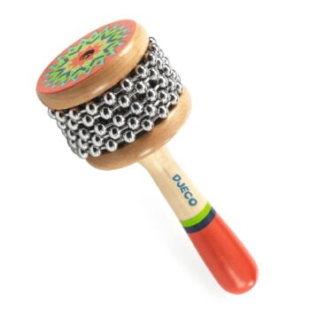 Drewniany mini instrument perkusyjny cabassa z kolorowym wzorem na górze dla dziecka. Djeco Mini instrument perkusyjny CABASSA