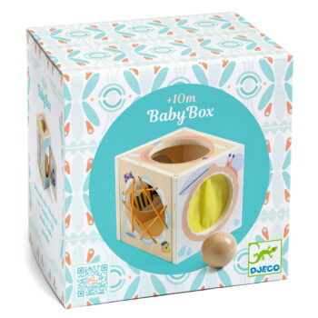 Drewniane sensoryczne pudełko z otworami do sortowania kształtów dla niemowląt i małych dzieci. Djeco Drewniane pudełko sensoryczne BABYBOX
