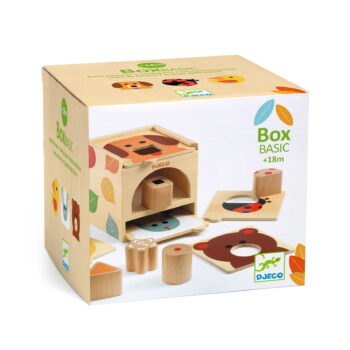 Drewniany sorter edukacyjny z otworami na kształty dla dzieci powyżej 18 miesięcy. Djeco Drewniany sorter BOX BASIC