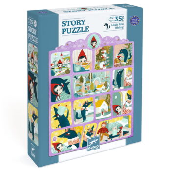 Puzzle tradycyjne 35 elementów z ilustracjami z bajki czerwony kapturek dla dzieci. Djeco Puzzle opowieść CZERWONY KAPTUREK 35 el