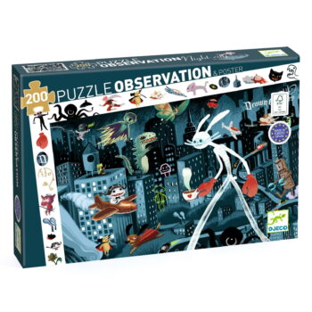 Puzzle 200 elementów obrazek miasta nocą z postaciami zwierząt i fantastycznych stworzeń dla dzieci. Djeco Puzzle obserwacja MIASTO NOCĄ 100 el