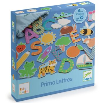 Gra edukacyjna z literami i kolorowymi obrazkami dla dzieci. Djeco Eduludo gra PRIMO LETTRES
