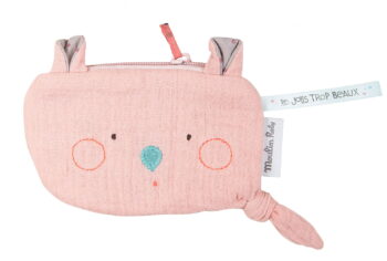 Różowy portfelik z tkaniny w kształcie myszki dla dziecka. Moulin Roty Portfelik różowa myszka 14×9,5cm