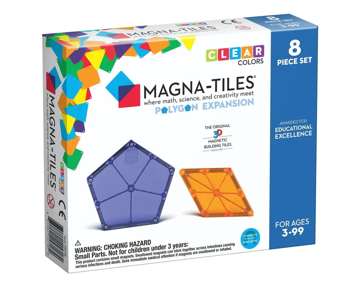Klocki magnetyczne w kształcie wielokątów w kolorze fioletowym i pomarańczowym zestaw do rozbudowy dla dzieci powyżej 3 lat. Magna-Tiles Zestaw do rozbudowy Polygons 8el
