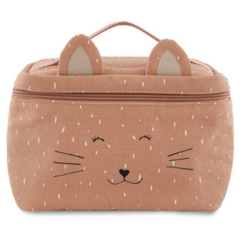 Brązowa torba na lunch z uszami i nadrukiem kota dla dziecka. Trixie Baby Kot Termiczny Lunch Box