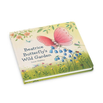Książeczka dla dzieci z ilustracją różowego motyla i kwiatów na okładce. Jellycat „Beatrice Butterfly’s Wild Garden” Książeczka dla Dzieci