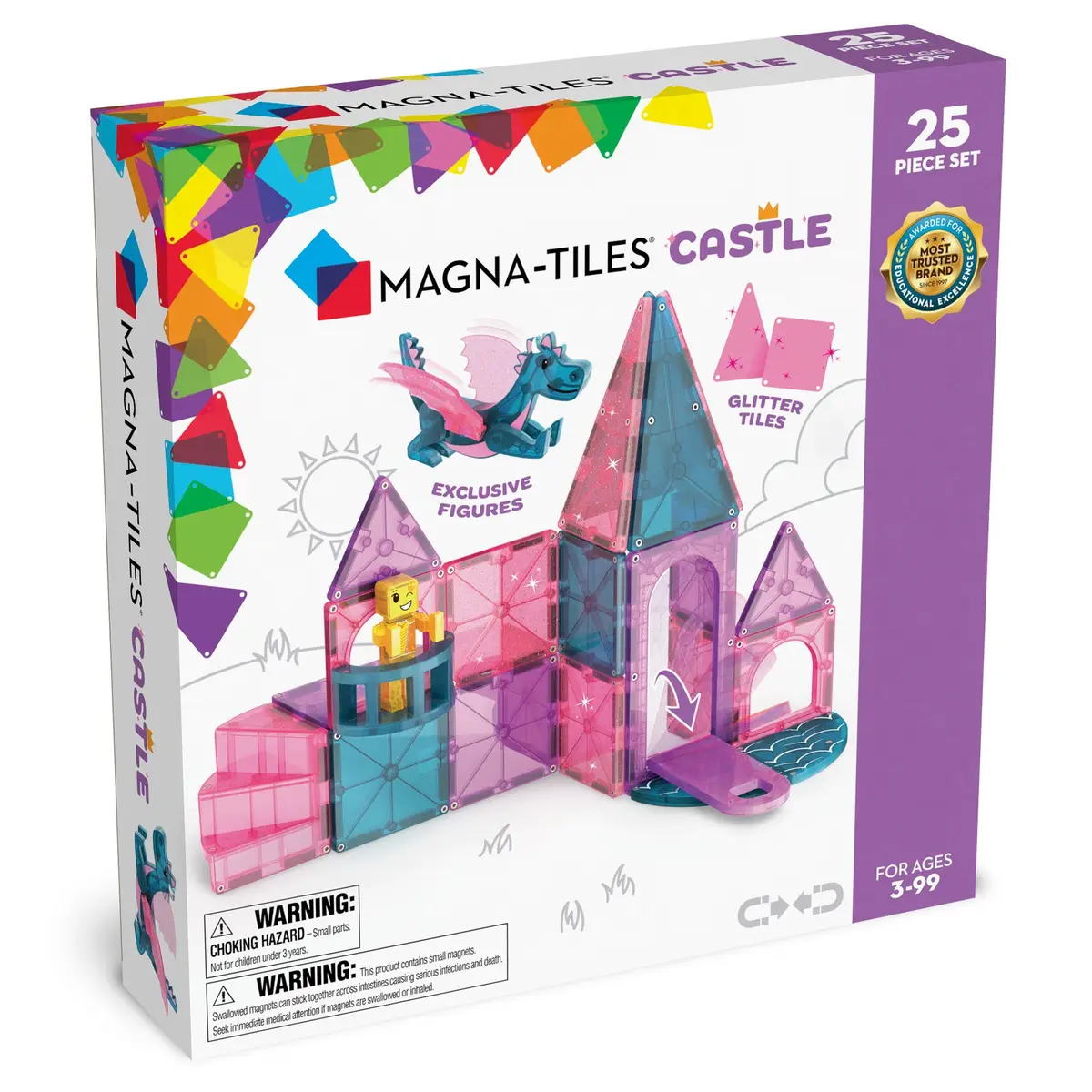 Klocki magnetyczne w kolorach różowym i niebieskim do budowy zamku dla dzieci. Magna-Tiles Klocki Magnetyczne Zamek 25el