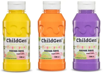 Zestaw trzech butelek farb do malowania palcami w kolorach żółtym pomarańczowym i fioletowym po 350 ml każda. ChildGen Łatwo zmywalne farby do malowania palcami ŻÓŁTA POMARAŃCZOWA FIOLETOWA 3x 350ml w butelce