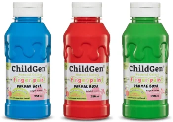 Zestaw trzech butelek farb do malowania palcami niebieska czerwona zielona po 350 ml dla dziecka. ChildGen Łatwo zmywalne farby do malowania palcami NIEBIESKA CZERWONA ZIELONA 3x 350ml w butelce