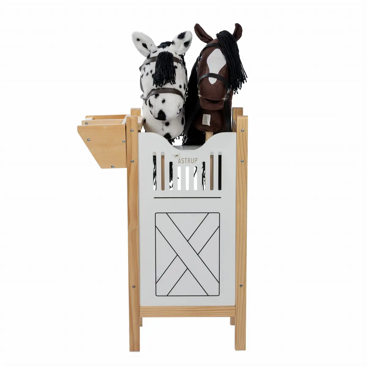 Drewniana boks dla dwóch koni hobby horse z białymi i brązowymi głowami koni dla dzieci. byAstrup Boks dla 2 koni Hobby Horse
