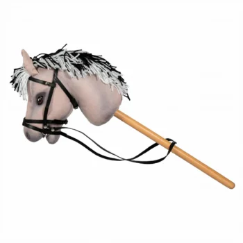 Koń na kiju z otwartą buzią jasnobeżowy z czarno-białą grzywą dla dziecka. byAstrup Hobby Horse Koń na kiju z otwartą buzią Luna-