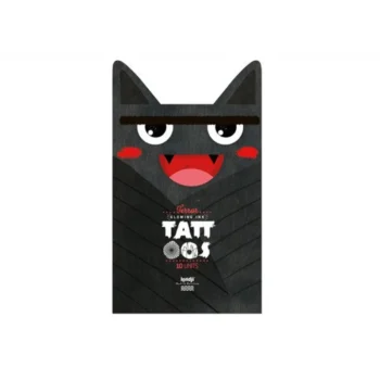 Czarne tatuaże tymczasowe dla dzieci z motywem Halloween w kształcie kota z czerwonymi policzkami i uśmiechem. Londji Tatuaże dla dzieci Halloween