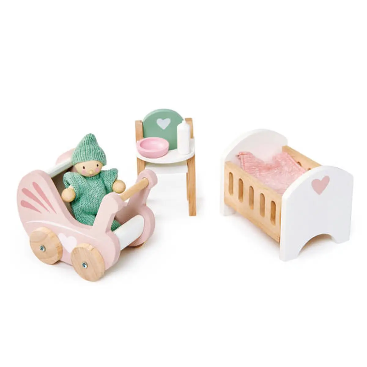 Drewniane mebelki do domku dla lalek łóżeczko krzesełko wózek z lalką dla niemowlaka różowo naturalne. Tender Leaf Toys Drewniane meble do domku dla lalek mebelki dla niemowlaka