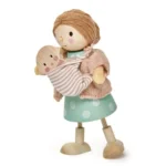 Drewniana laleczka kobieta w zielonej sukience trzymająca dziecko w chuście do domku dla dzieci. Tender Leaf Toys Laleczka Pani Goodwood z dzieckiem