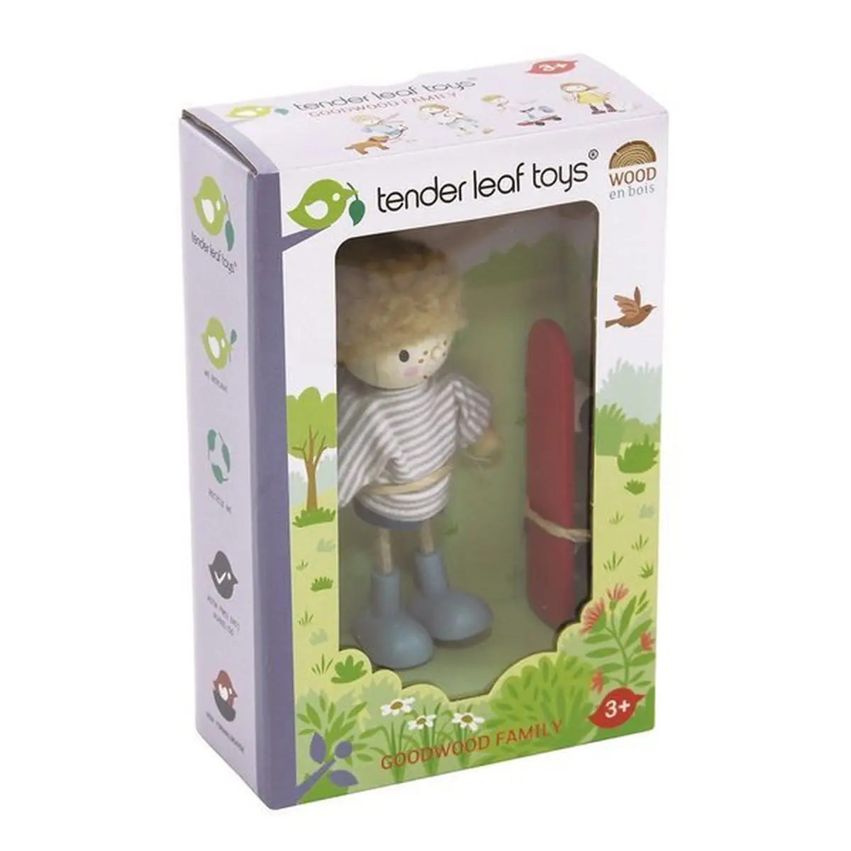 Drewniana laleczka Edward w paskowanej bluzce i niebieskich butach z deskorolką dla dzieci powyżej 3 lat. Tender Leaf Toys Laleczka Edward na deskorolce