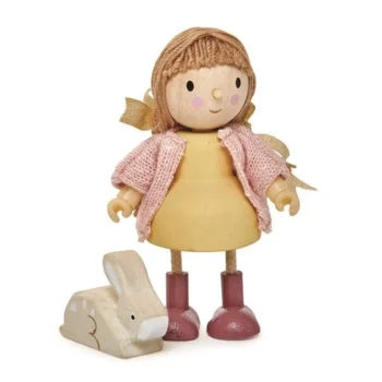 Drewniana laleczka w żółtej sukience i różowym sweterku z króliczkiem do domku dla dzieci. Tender Leaf Toys Laleczka Amy i jej królik