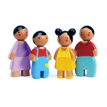 Drewniane laleczki rodzina cztery postacie kolorowe ubrania do domku dla dzieci. Tender Leaf Toys Rodzinka Sunny Doll zestaw laleczek